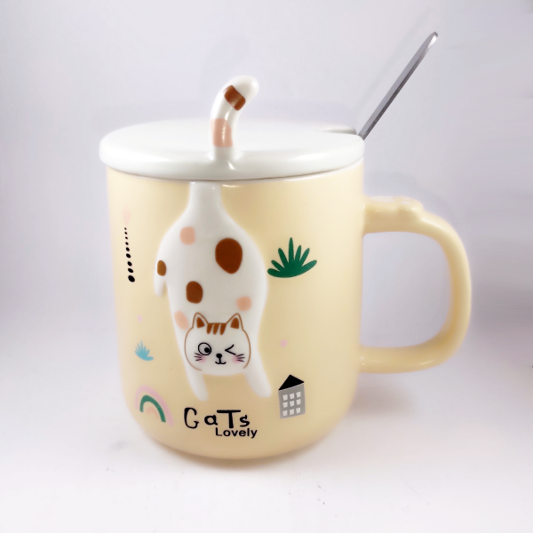 Κεραμική κούπα γάτα με καπάκι και κουτάλι
